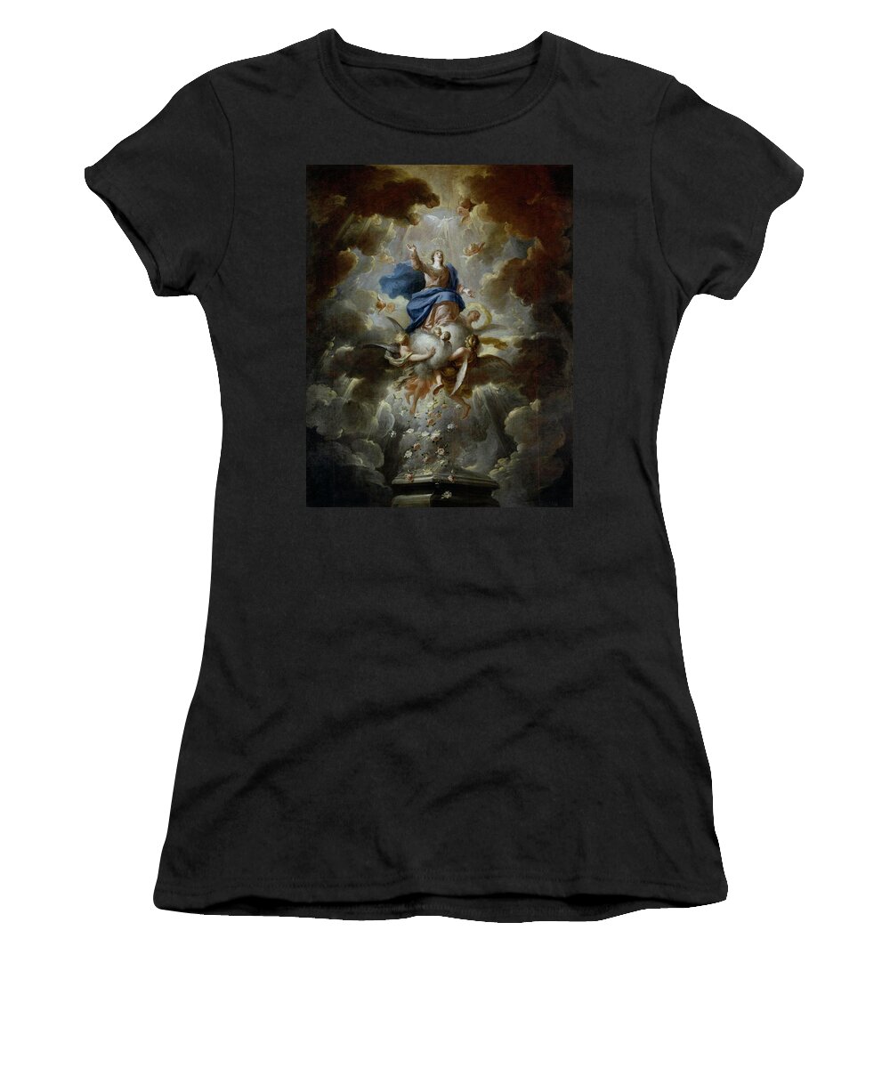 Francisco Ignacio Ruiz De La Iglesia Women's T-Shirt featuring the painting 'The Assumption of the Virgin Mary', ca. 1700, Spanish Sc... by Francisco Ignacio Ruiz de la Iglesia -1649-1704-