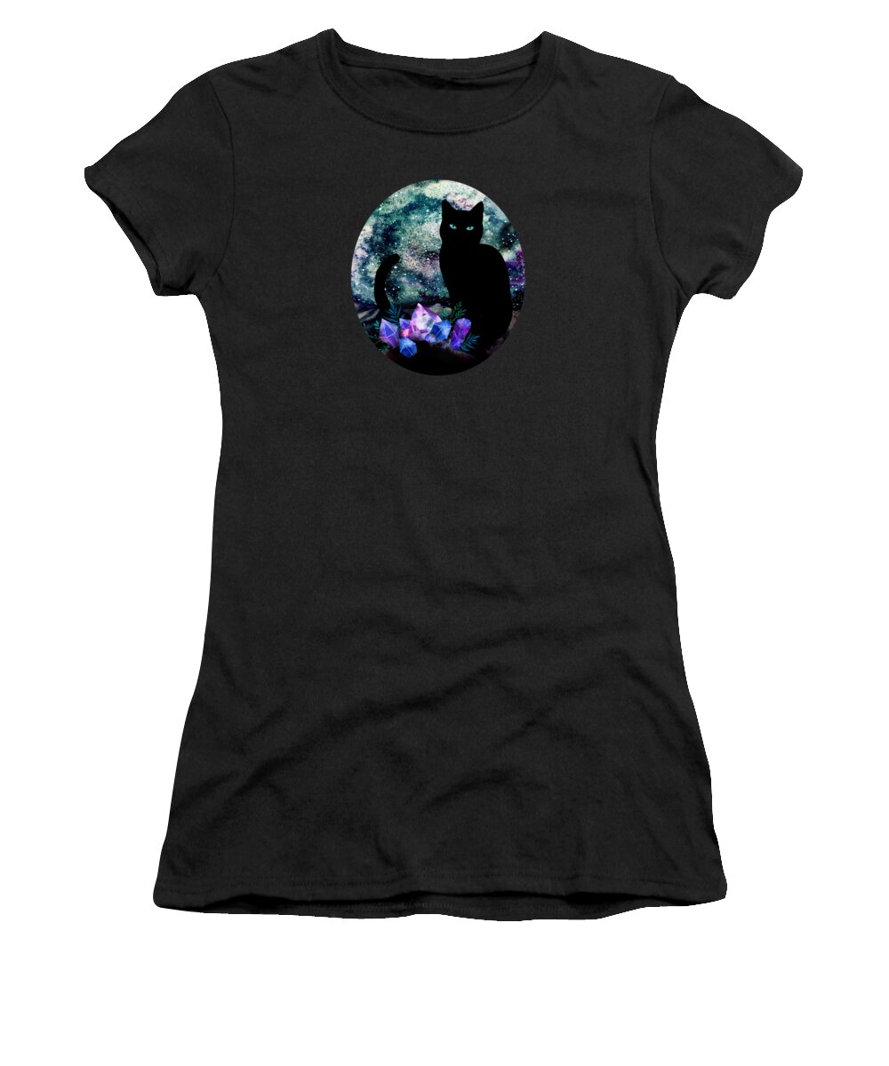 Painting Women's T-Shirt featuring the painting The Cat With Aquamarine Eyes And Celestial Crystals by Little Bunny Sunshine