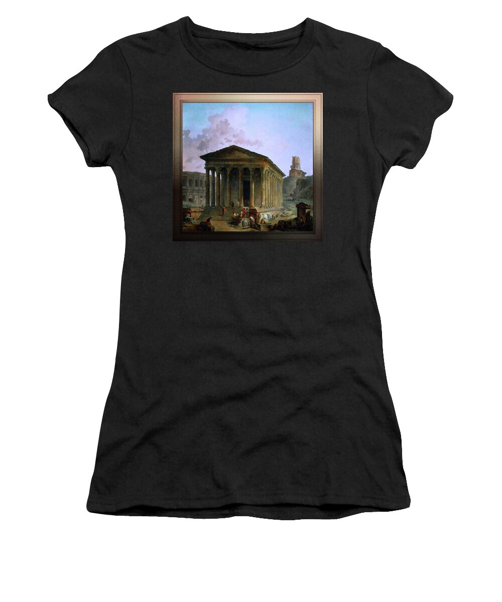 Maison Carée Women's T-Shirt featuring the digital art The Maison Caree the Arenas and the Magne Tower in Nimes by Hubert Robert by Rolando Burbon