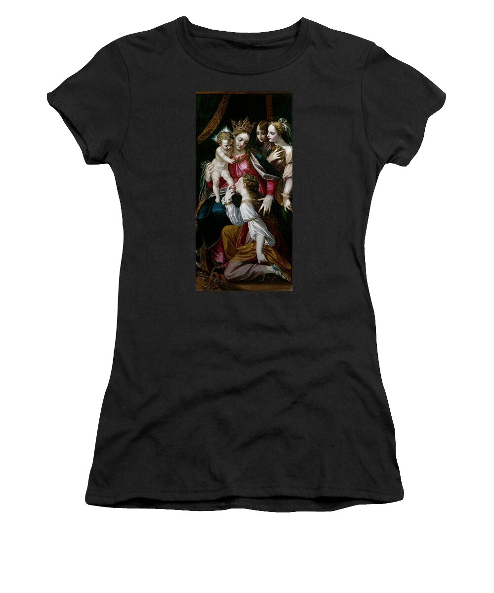 Alonso Sanchez Coello Women's T-Shirt featuring the painting 'The Mystic Marriage of Saint Catherine', 1578, Spanish School, Oil on co... by Alonso Sanchez Coello -1531-1588-
