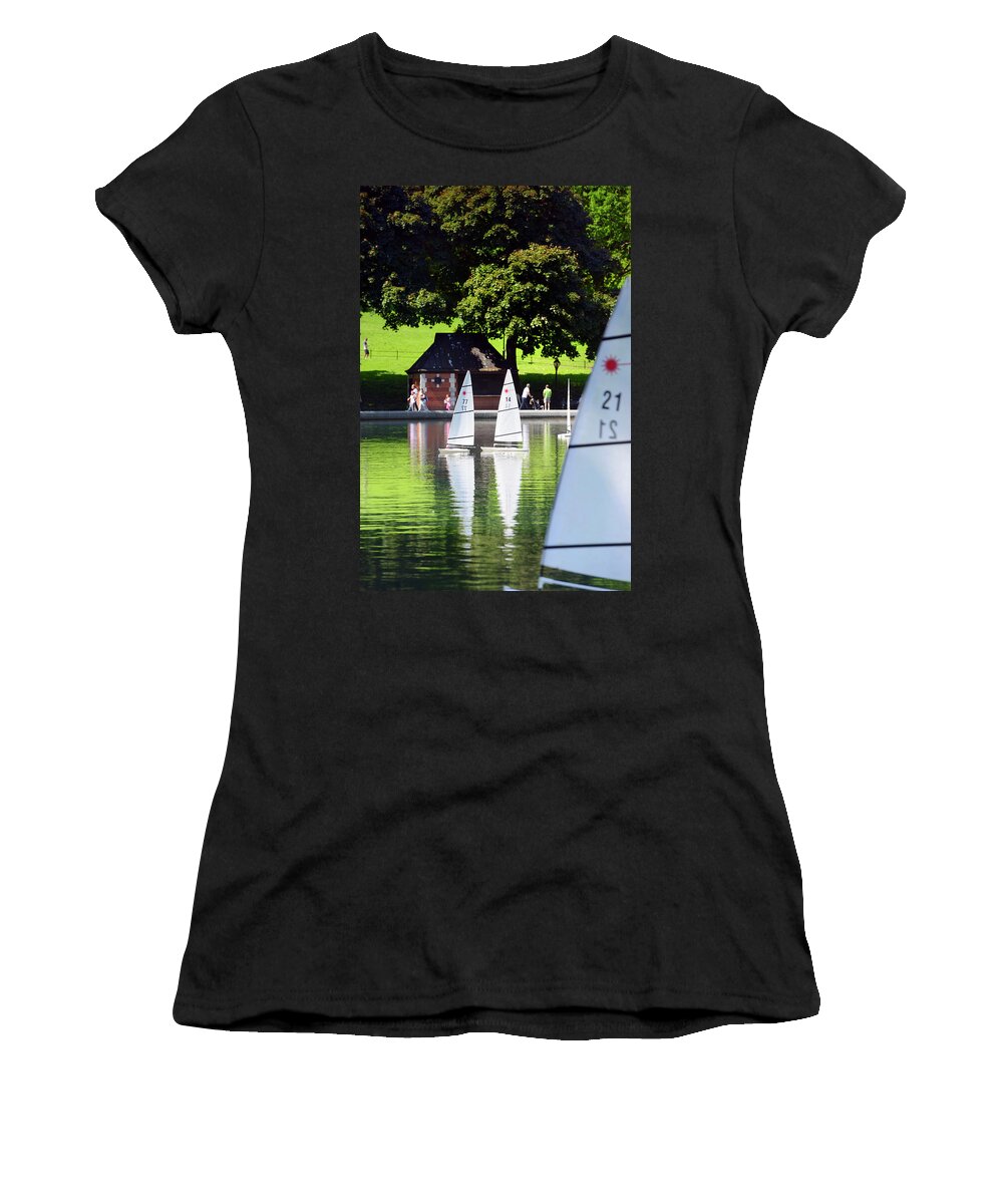 Estock Women's T-Shirt featuring the digital art Toy Sail Boats In Central Park, Nyc by Francesco Carovillano