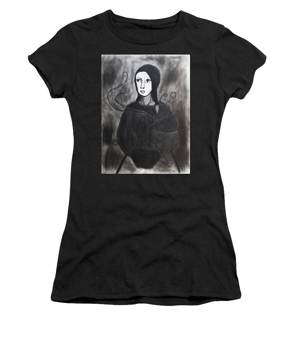 Charcoal Art Women's T-Shirt featuring the drawing Tranquility by Nadija Armusik