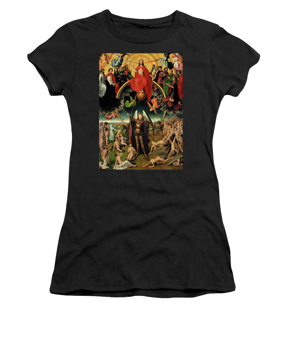 Archangel Michael Women's T-Shirt featuring the painting Triptych with the Last Judgement, center panel Judgement and Weighing of Souls. 1467-1471. by Hans Memling -c 1433-1494-