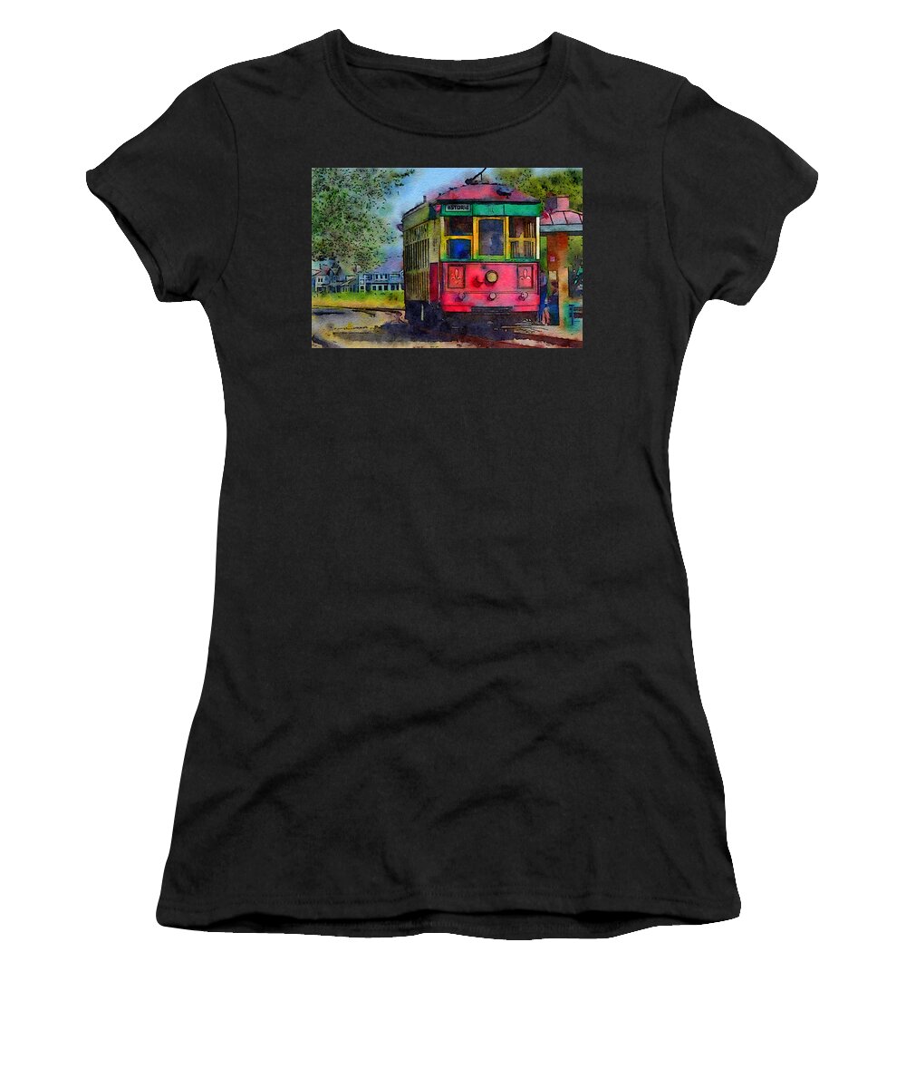 Historic Trolly Women's T-Shirt featuring the mixed media Trolly Car by Bonnie Bruno