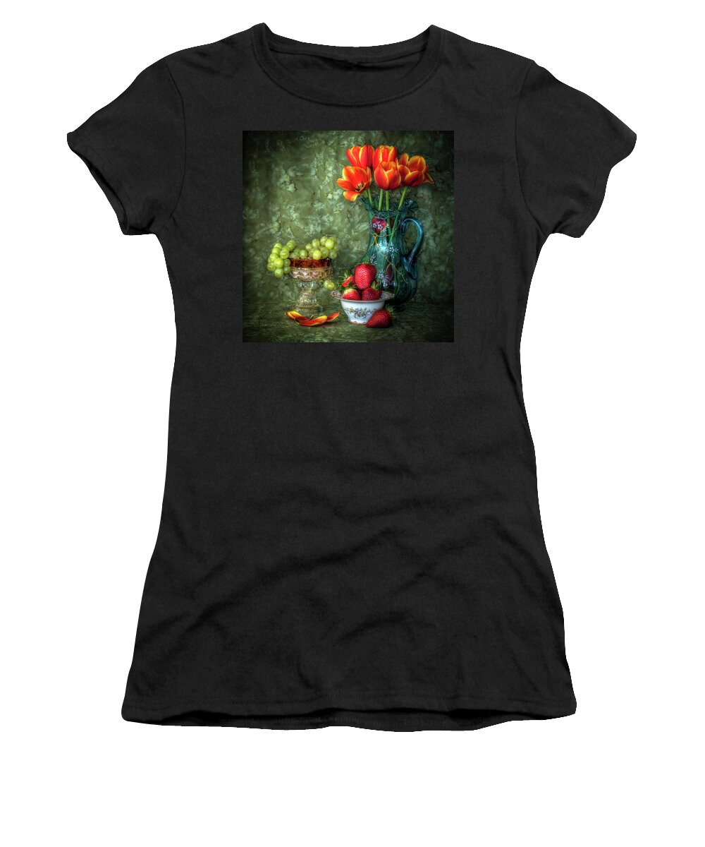 Square Women's T-Shirt featuring the photograph Tulips and Fruit by Harriet Feagin