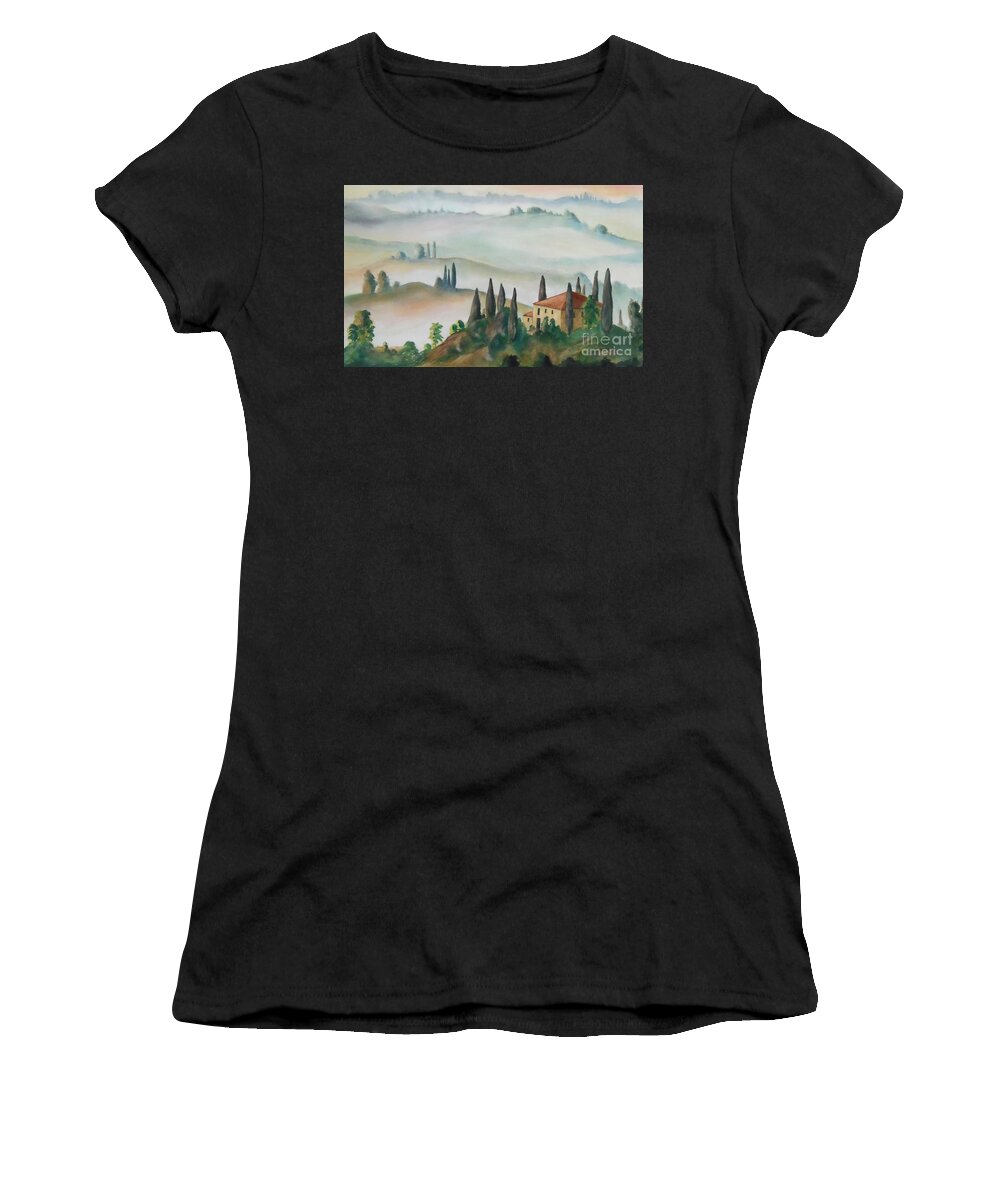 Landscape Women's T-Shirt featuring the painting Tuscan Mist by Petra Burgmann