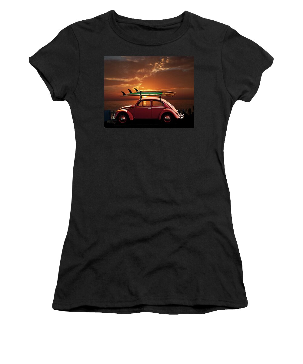 Volkswagen Women's T-Shirt featuring the photograph Volkswagen Beetle With Surfboards At Sunset by Larry Butterworth