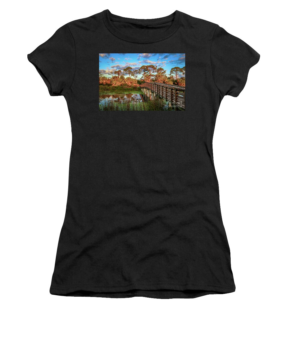 Boardwalk Women's T-Shirt featuring the photograph Winding Waters Boardwalk by Tom Claud