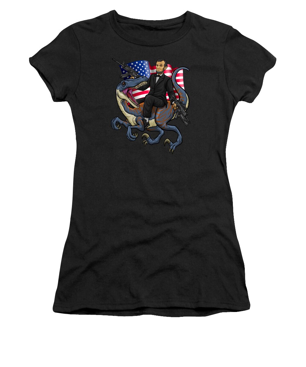 Patriotism Women's T-Shirt featuring the digital art Epic Abraham Rides A Dinosaur Merica USA #1 by Mister Tee