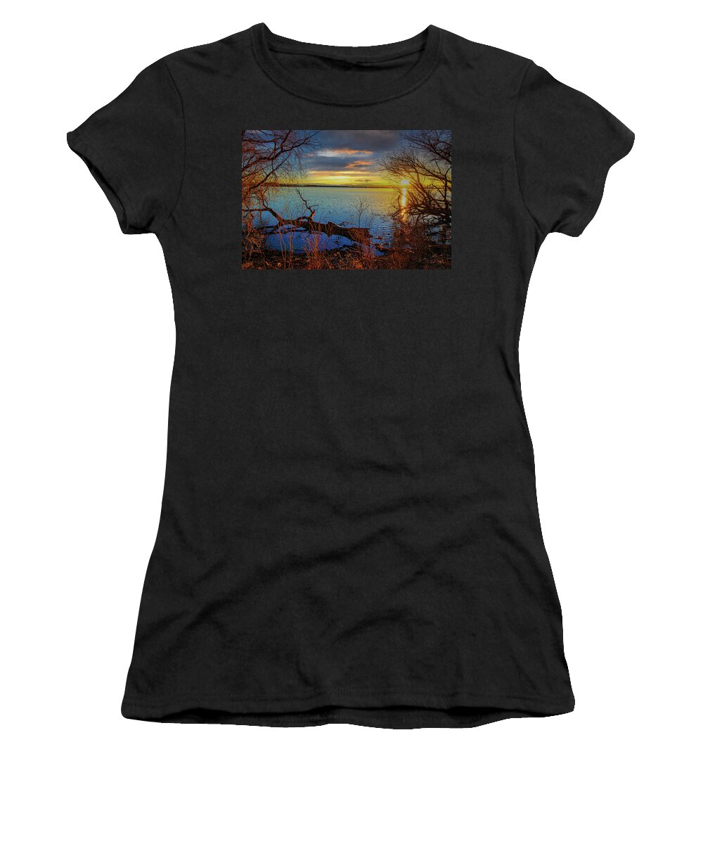Autumn Women's T-Shirt featuring the photograph Sunset Over Lake Framed By TreesSunset Over Lake Framed By Trees by Tom Potter