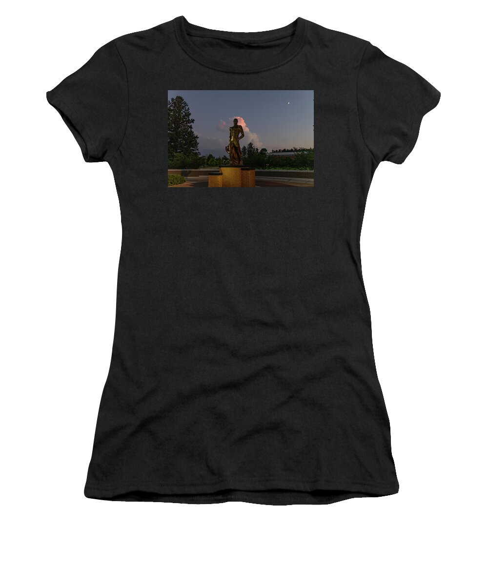 Spartan Staue Night Women's T-Shirt featuring the photograph Spartan statue at night on the campus of Michigan State University in East Lansing Michigan #16 by Eldon McGraw