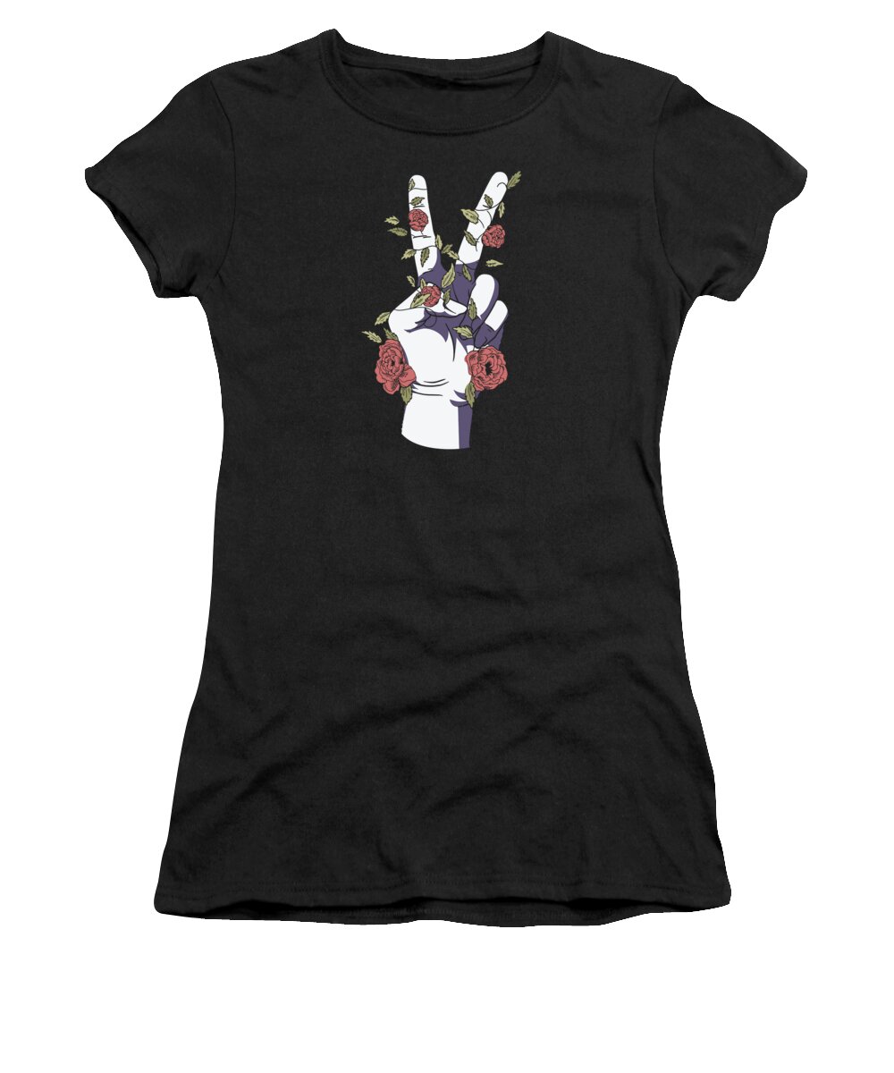 Peace Hand Sign Women's T-Shirt featuring the digital art Peace Hand Sign Floral Positive Peace Lover Flowers #2 by Toms Tee Store
