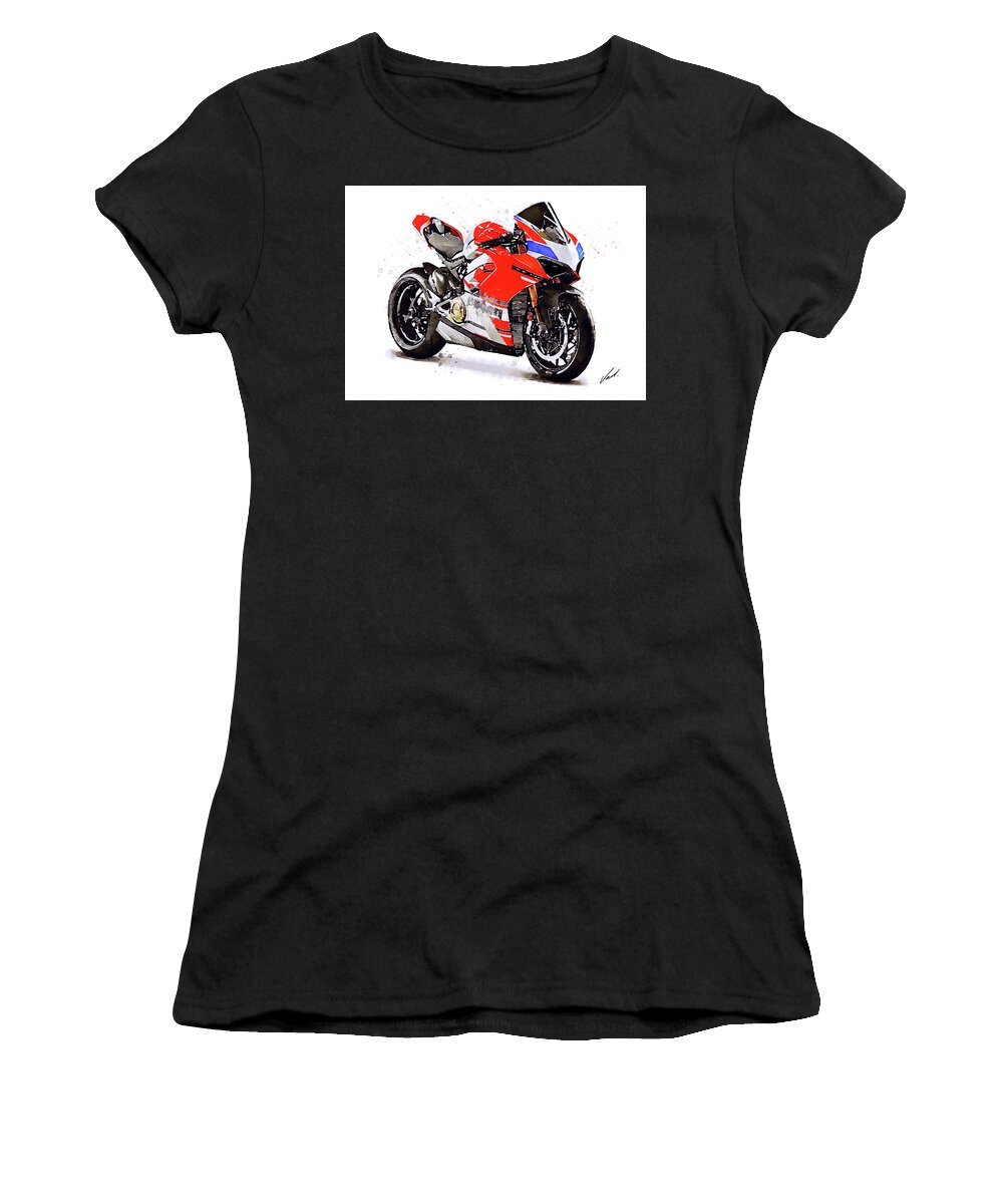 Sport Women's T-Shirt featuring the painting Watercolor Ducati Panigale V4S motorcycle, oryginal artwork by Vart by Vart Studio