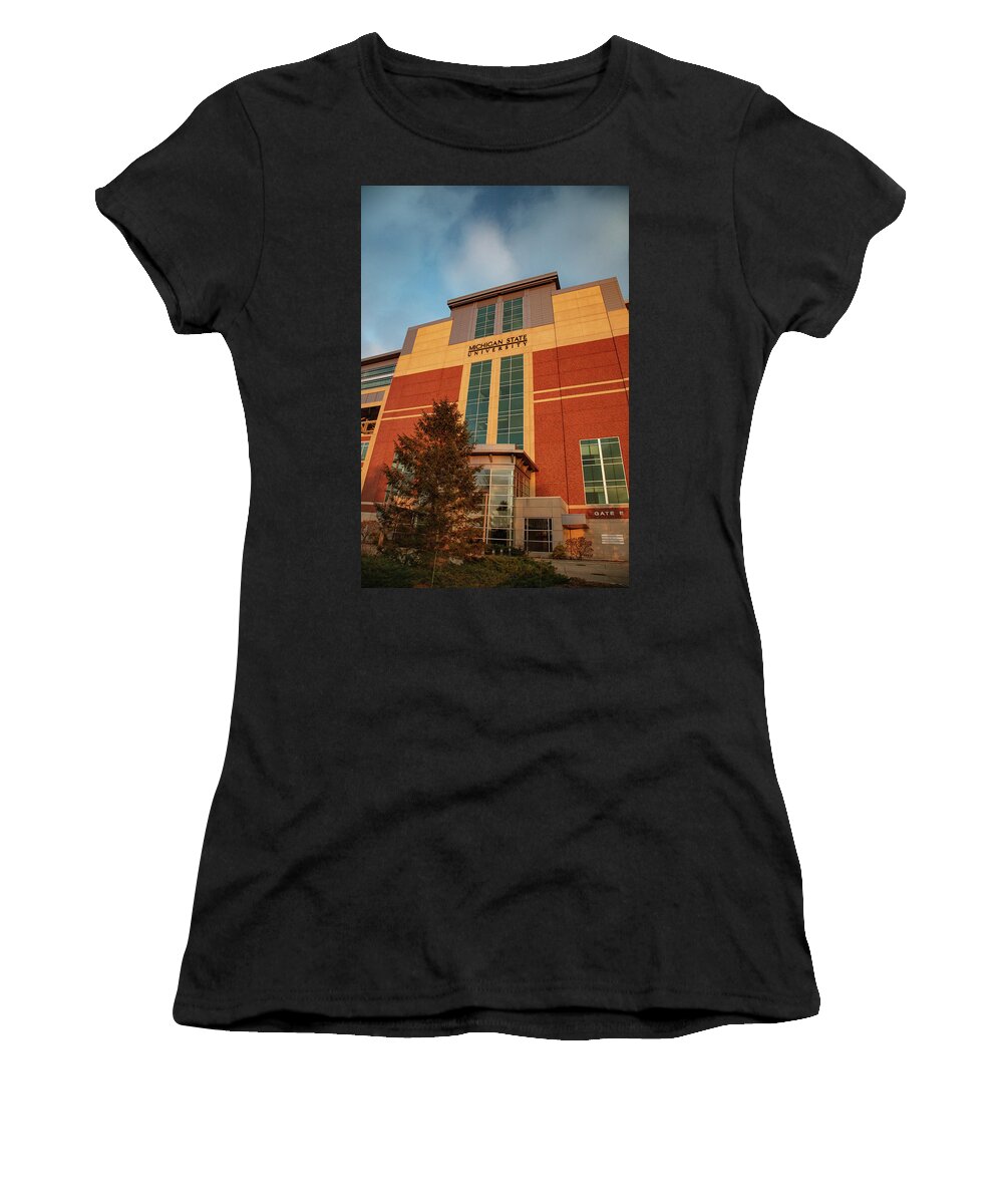 Michigan State University Campus Women's T-Shirt featuring the photograph Spartan Stadium at sunset #3 by Eldon McGraw