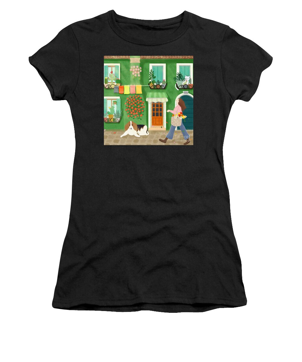 Houses Women's T-Shirt featuring the drawing A girl with a basket of flowers by Min Fen Zhu
