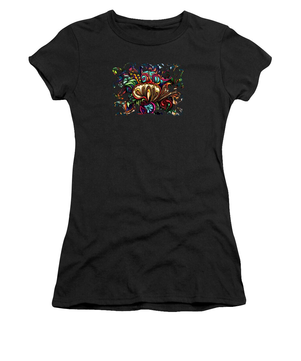 Mushroom Women's T-Shirt featuring the painting Abstract chameleon on red mushrooms, swirly colorful by Nadia CHEVREL