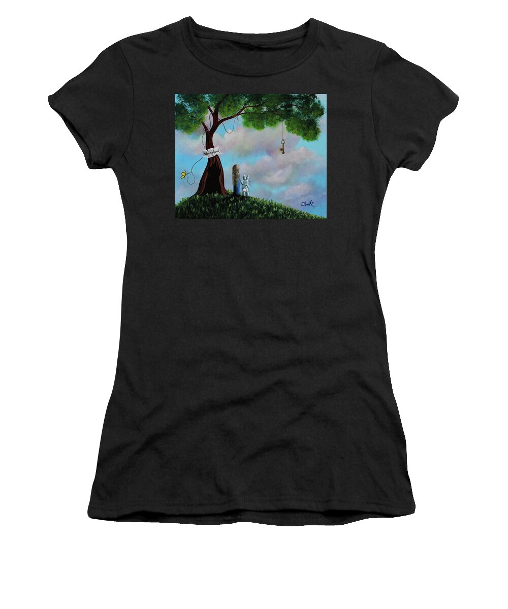 Alice In Wonderland Women's T-Shirt featuring the painting Alice In Wonderland by Moonlight Art Parlour
