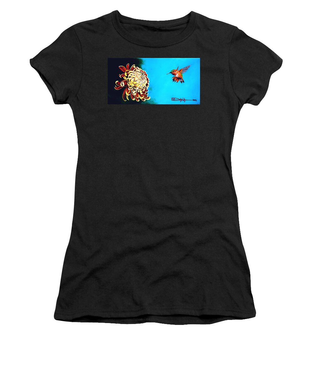Birds Women's T-Shirt featuring the painting Allen's Hummingbird and Chrysanthemum by Dana Newman
