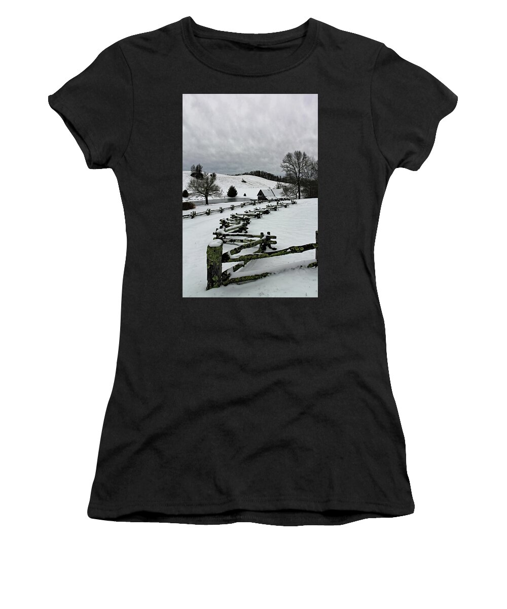 Farmstead Women's T-Shirt featuring the photograph Along the Locust Rails in Winter by Jennifer Robin