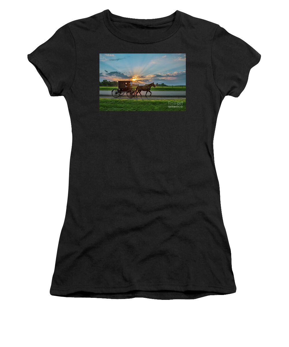 Sun Women's T-Shirt featuring the photograph Amish Buggy Early Morning with Sunbeams by David Arment