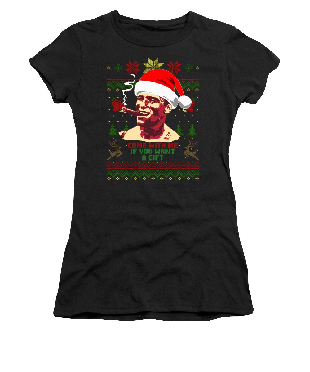 Santa Women's T-Shirt featuring the digital art Arnold Come With Me If You Want A Gift by Megan Miller