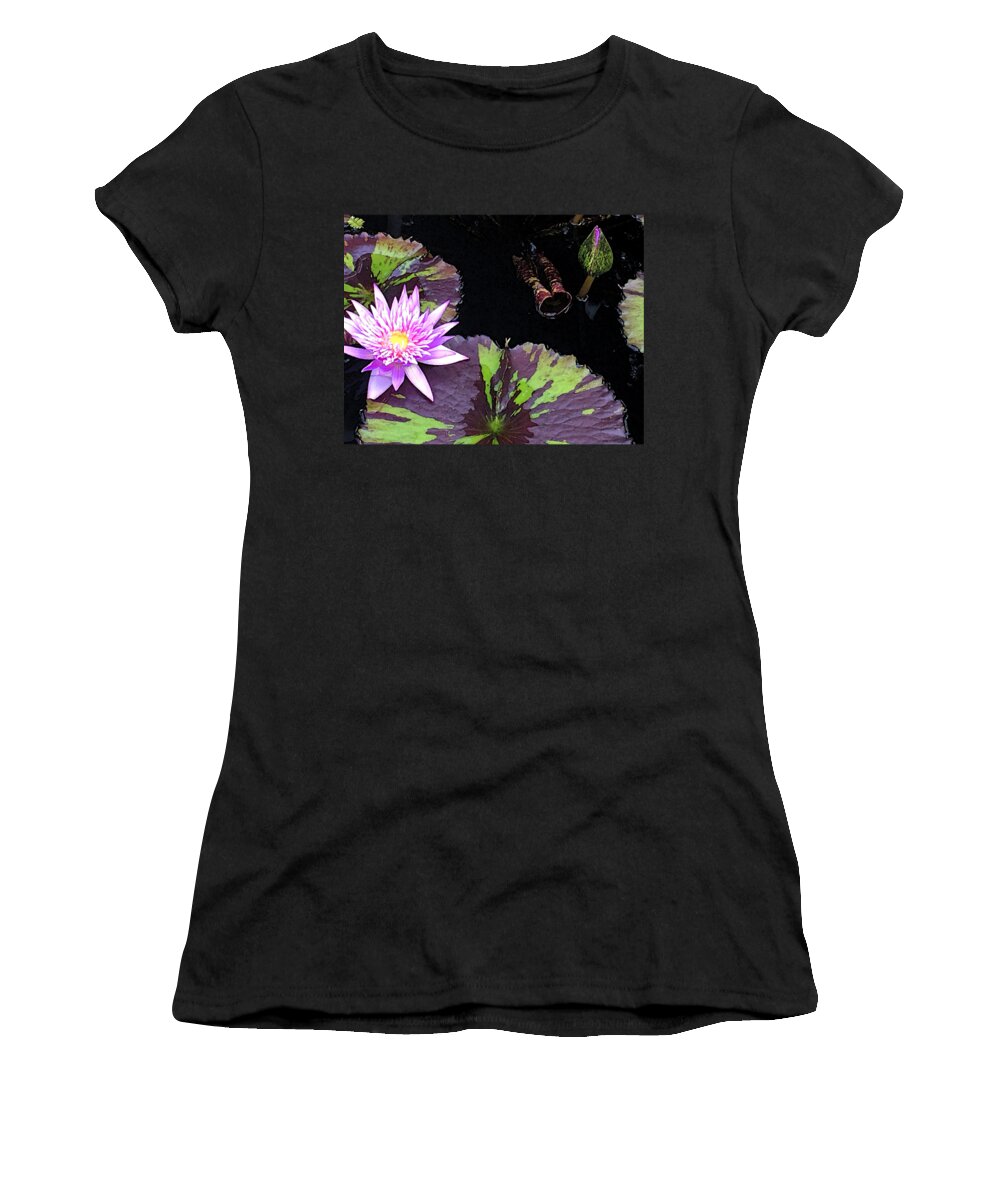 Waterlily Women's T-Shirt featuring the mixed media Midnight Serenade Purple Waterlily by Deborah League