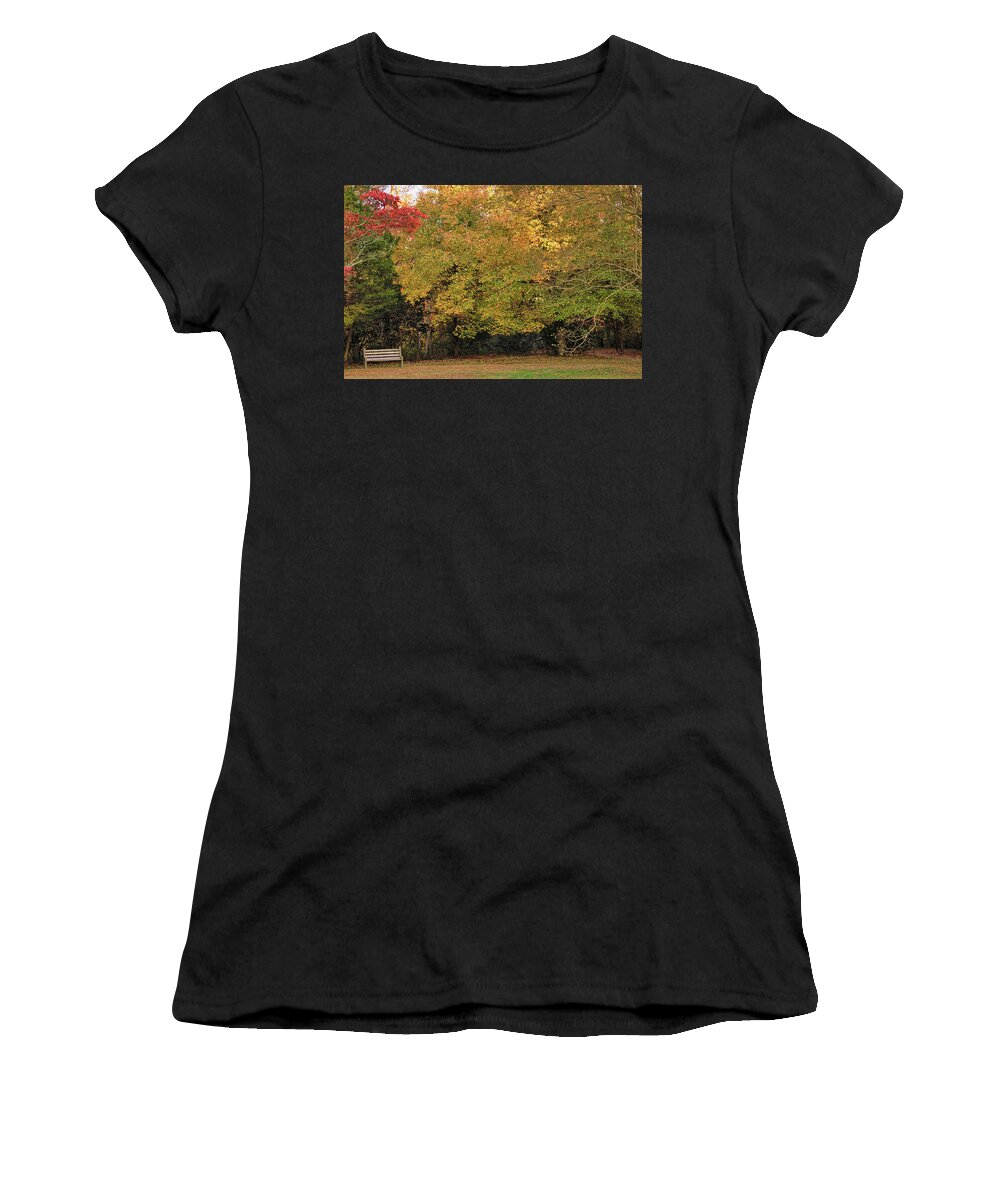 Autumn Women's T-Shirt featuring the photograph Autumn Serenity Awaits in the Park by Ola Allen