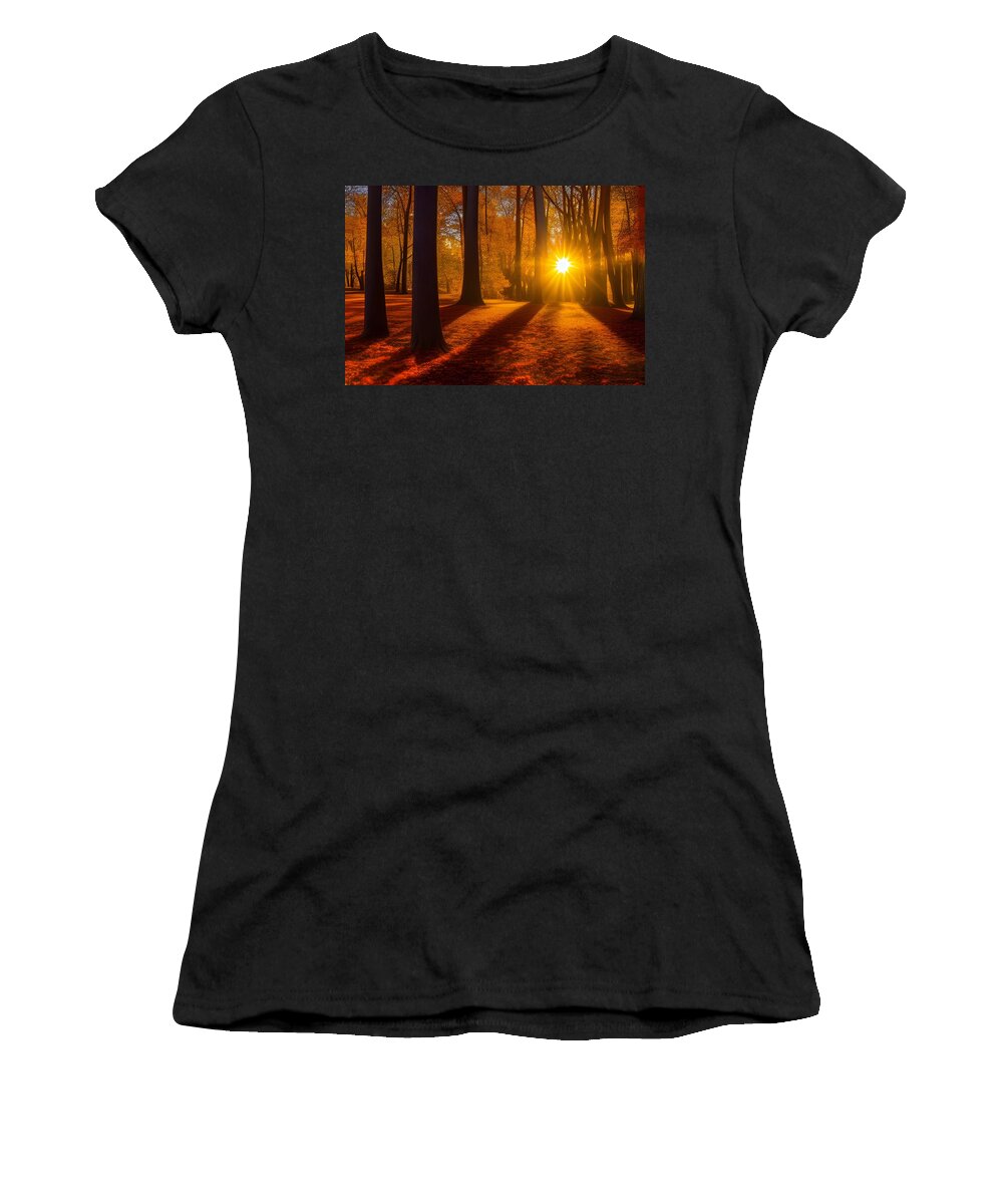 Sunset Women's T-Shirt featuring the digital art Autumn Woods Sunset by Katrina Gunn