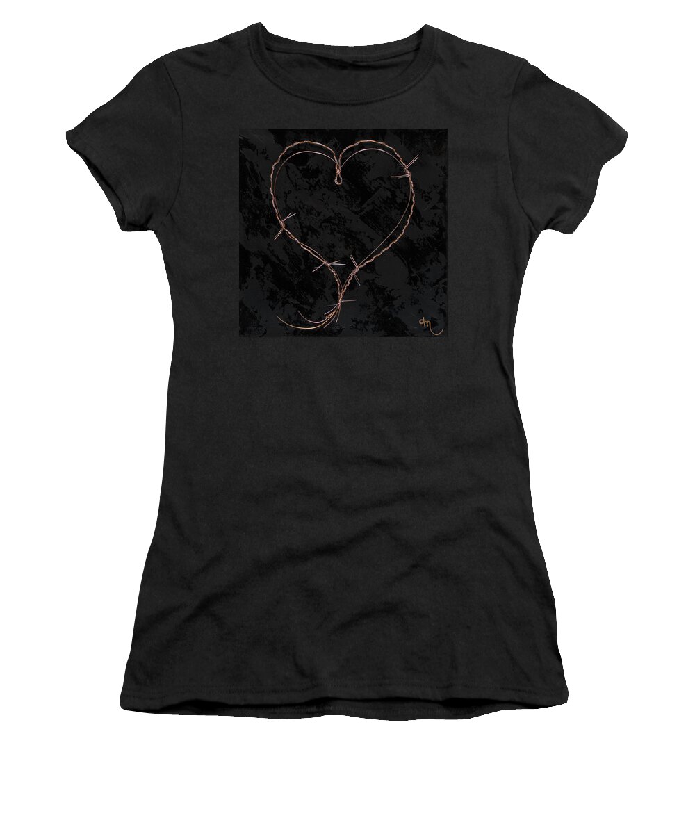 Heart Women's T-Shirt featuring the painting Barbed Heart-Gold on Black by Tamara Nelson