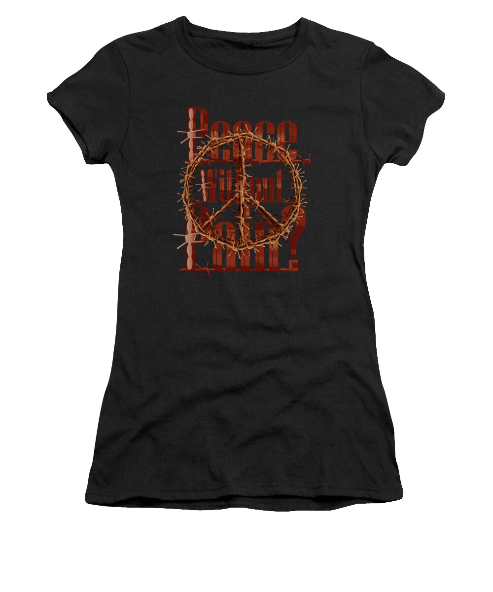 Peace Women's T-Shirt featuring the drawing Barbed Wire Peace - PEACE without Pain Red by Joan Stratton