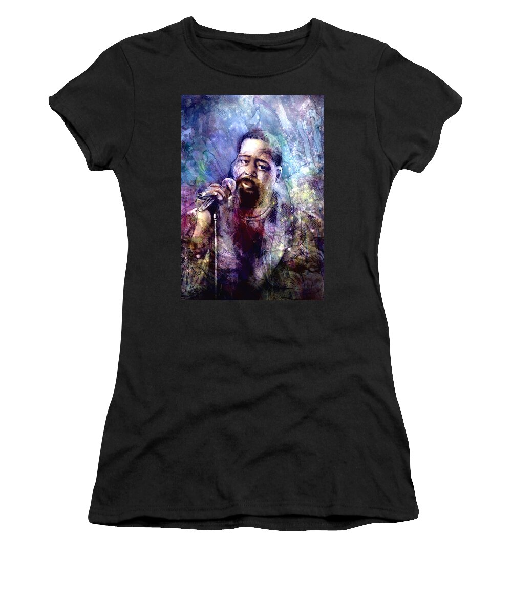 Music Women's T-Shirt featuring the painting Barry White Collage by Miki De Goodaboom