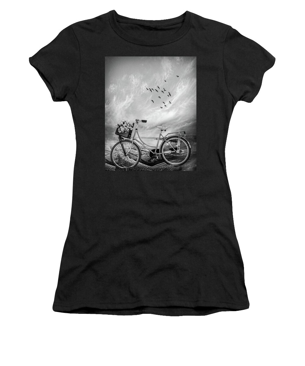 Bike Women's T-Shirt featuring the photograph Bicycle at the Lake Beach II Black and White by Debra and Dave Vanderlaan