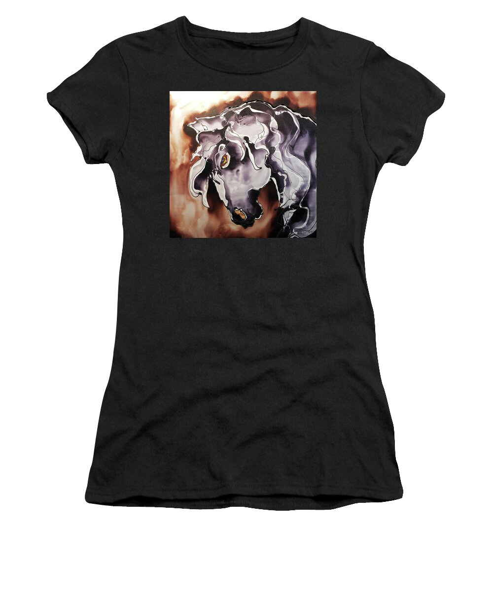 Hand Painted Silk Women's T-Shirt featuring the painting Black and white horse at dusk by Karla Kay Benjamin
