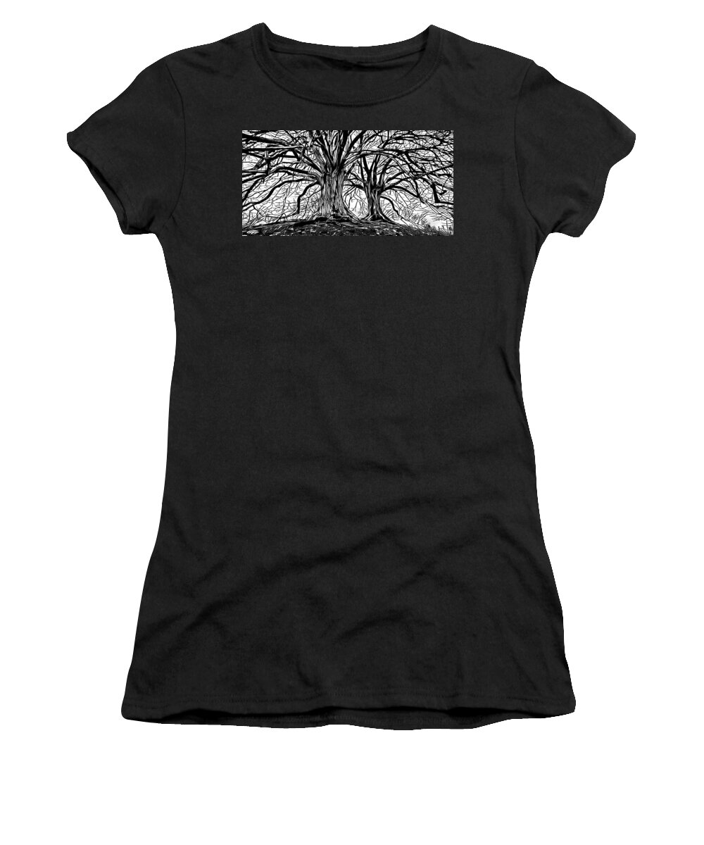 Tree Women's T-Shirt featuring the mixed media Black and white Trees Design 259 by Lucie Dumas