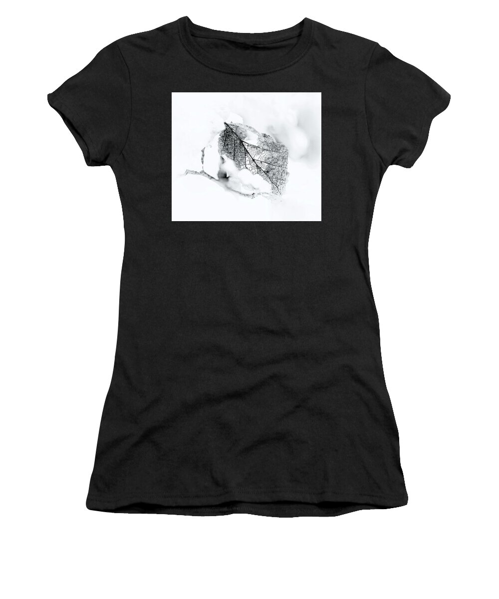 Black And White Women's T-Shirt featuring the photograph Black and White Winter Leaf Filigree by Carol Senske