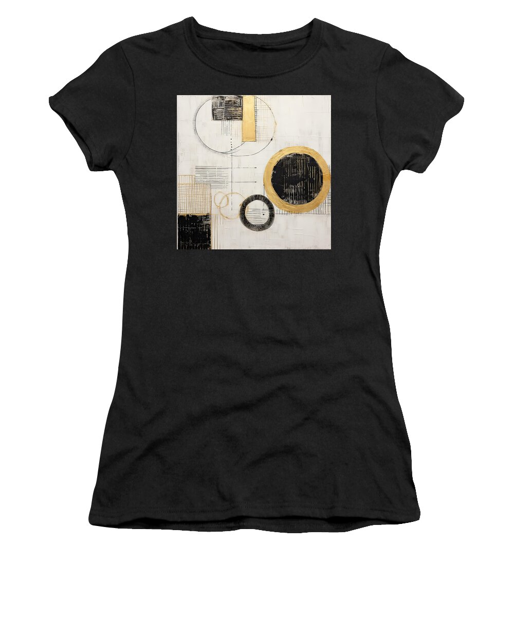 Black And Gold Women's T-Shirt featuring the painting Black Circle with Gold Rings on Neutral Canvas by Lourry Legarde