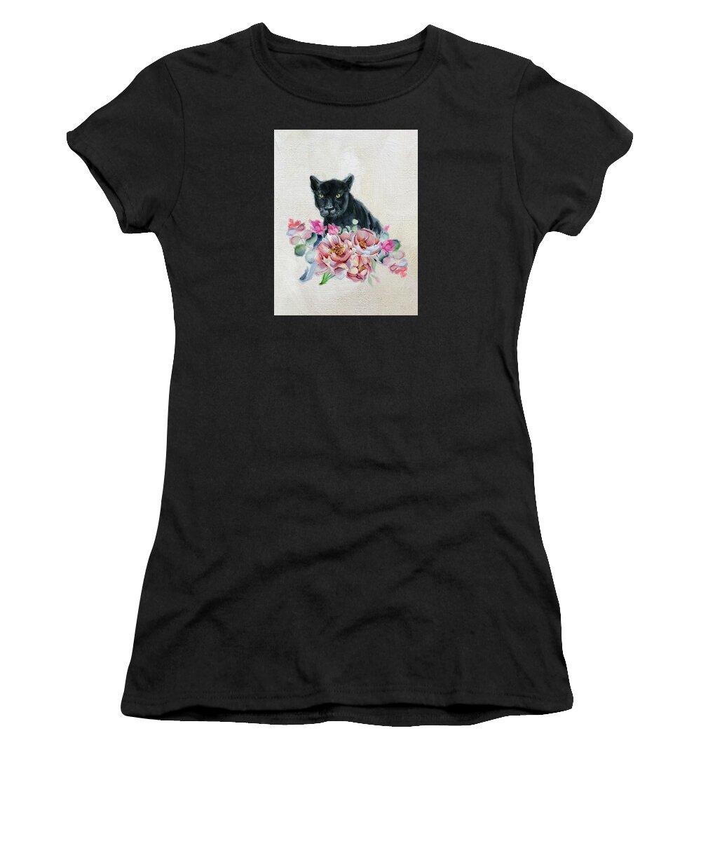 Black Panther Women's T-Shirt featuring the painting Black Panther With Flowers by Garden Of Delights