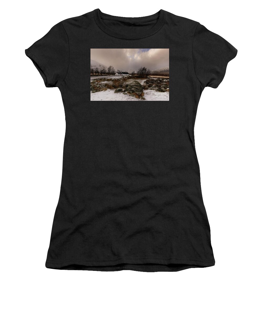#buachaille Etive Mor #buachailleetivemor #snow #mountainsnow #g Women's T-Shirt featuring the photograph Black Rock Cottage by Keith Thorburn LRPS EFIAP CPAGB