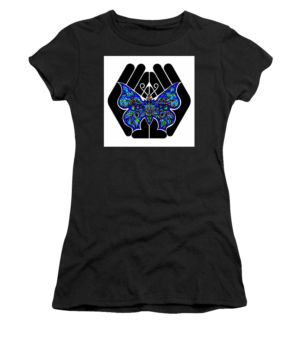 Butterfly Women's T-Shirt featuring the drawing Blue Butterfly by Baruska A Michalcikova