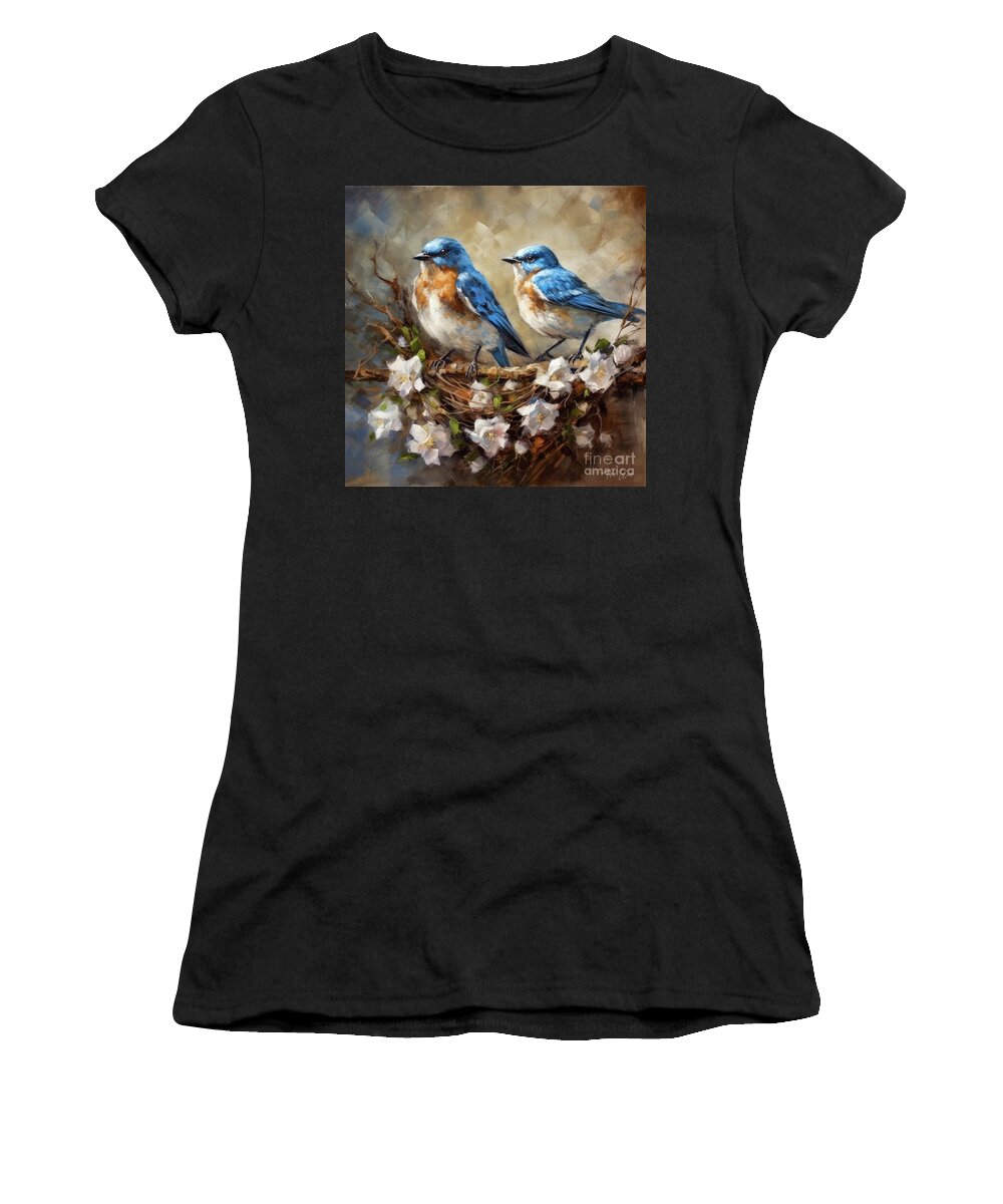 Bluebirds Women's T-Shirt featuring the painting Bluebirds On The Nest by Tina LeCour