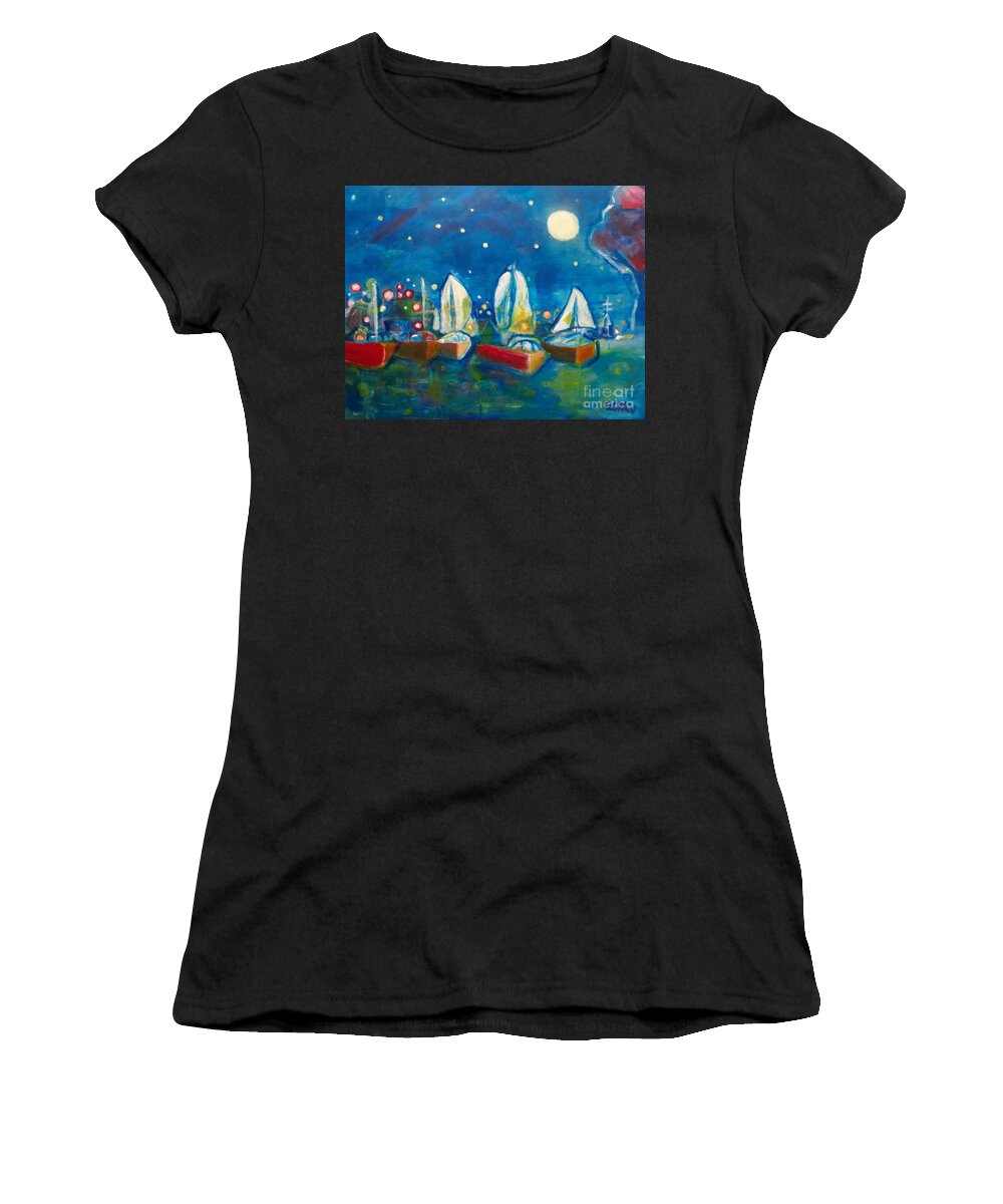Boats Women's T-Shirt featuring the painting Boats in a row by James Egaku