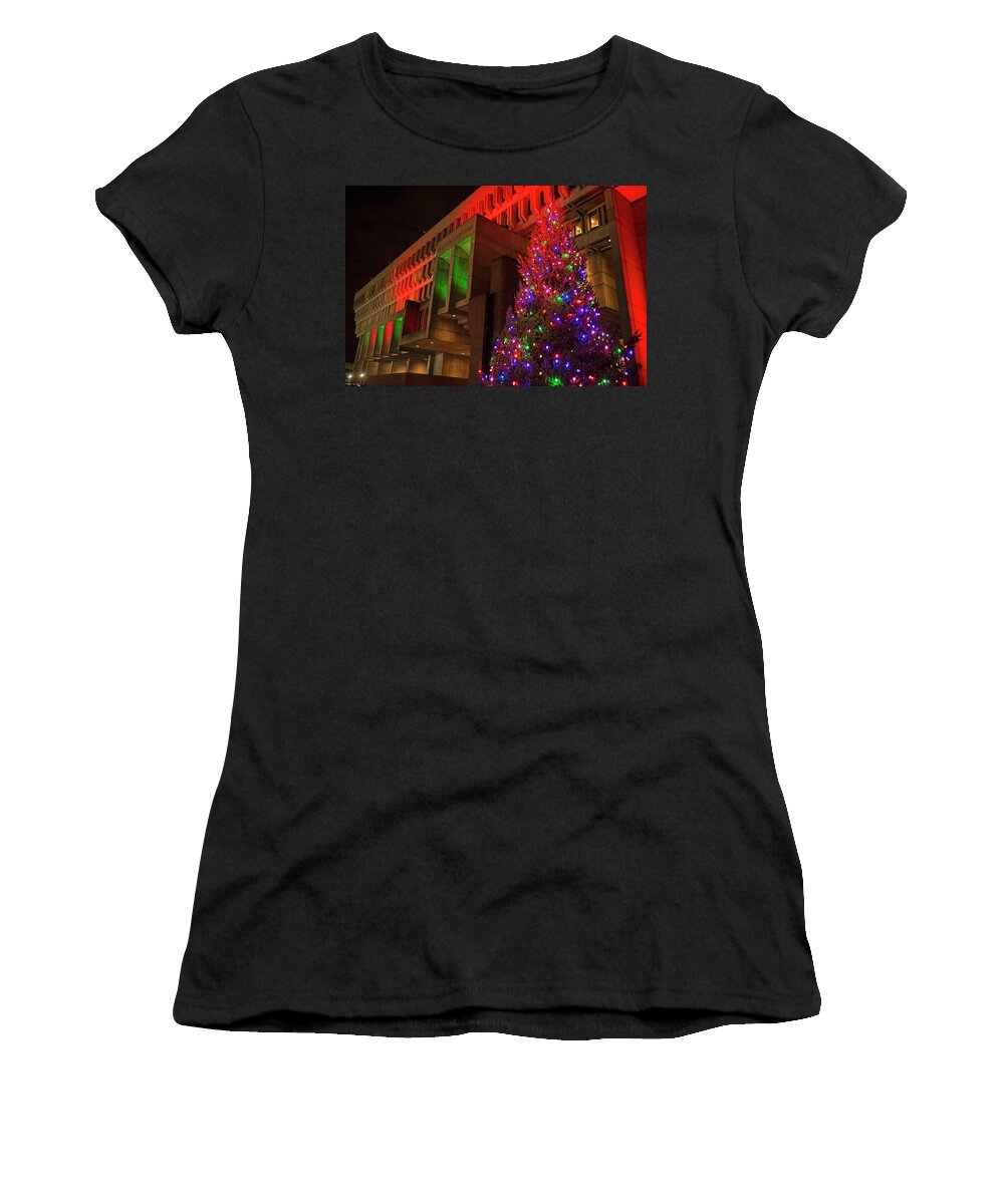 Boston Women's T-Shirt featuring the photograph Boston City Hall Plaza Christmas Tree City Hall lit up in Green and Red by Toby McGuire
