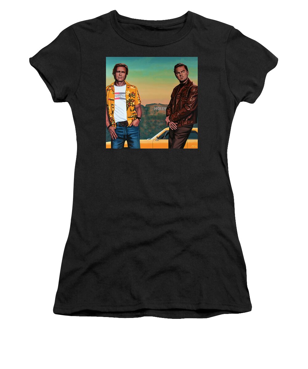 Brad Pitt Women's T-Shirt featuring the painting Brad Pitt and Leonardo DiCaprio in Hollywood Painting by Paul Meijering
