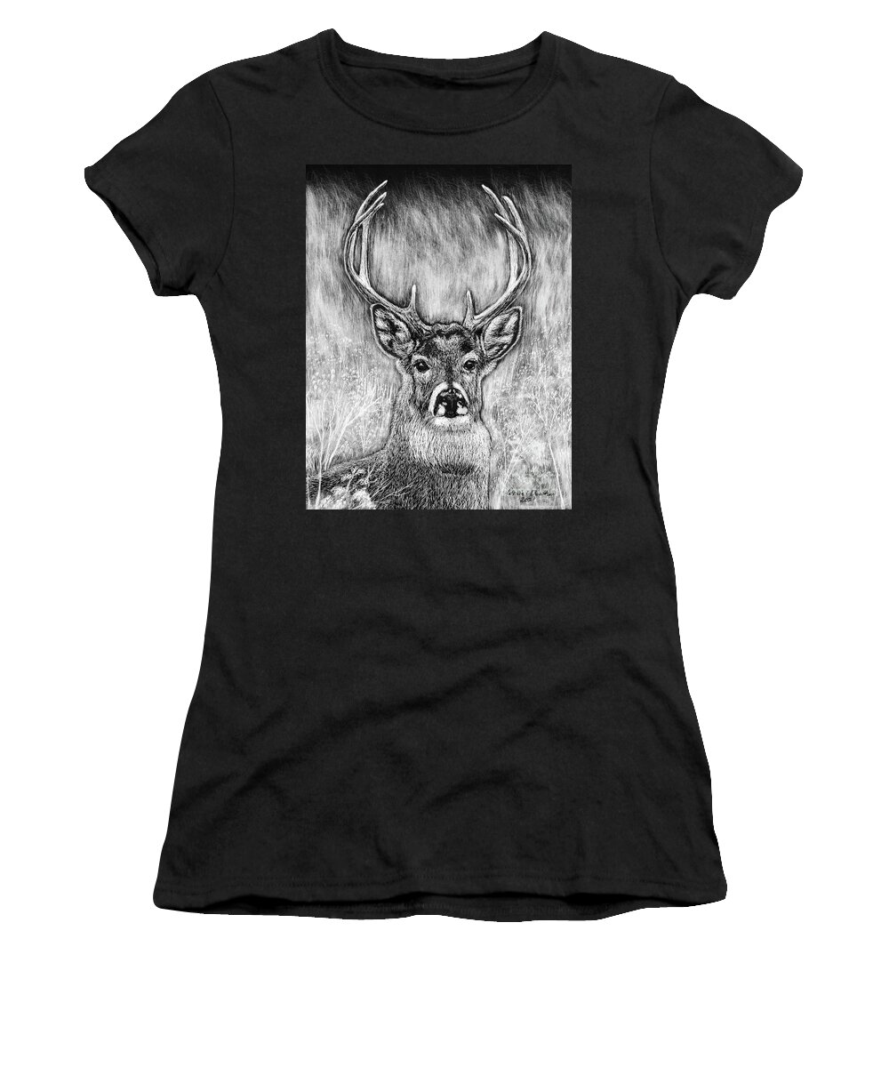 Deer Women's T-Shirt featuring the relief Buck Portrait BW Etching by Pat Davidson