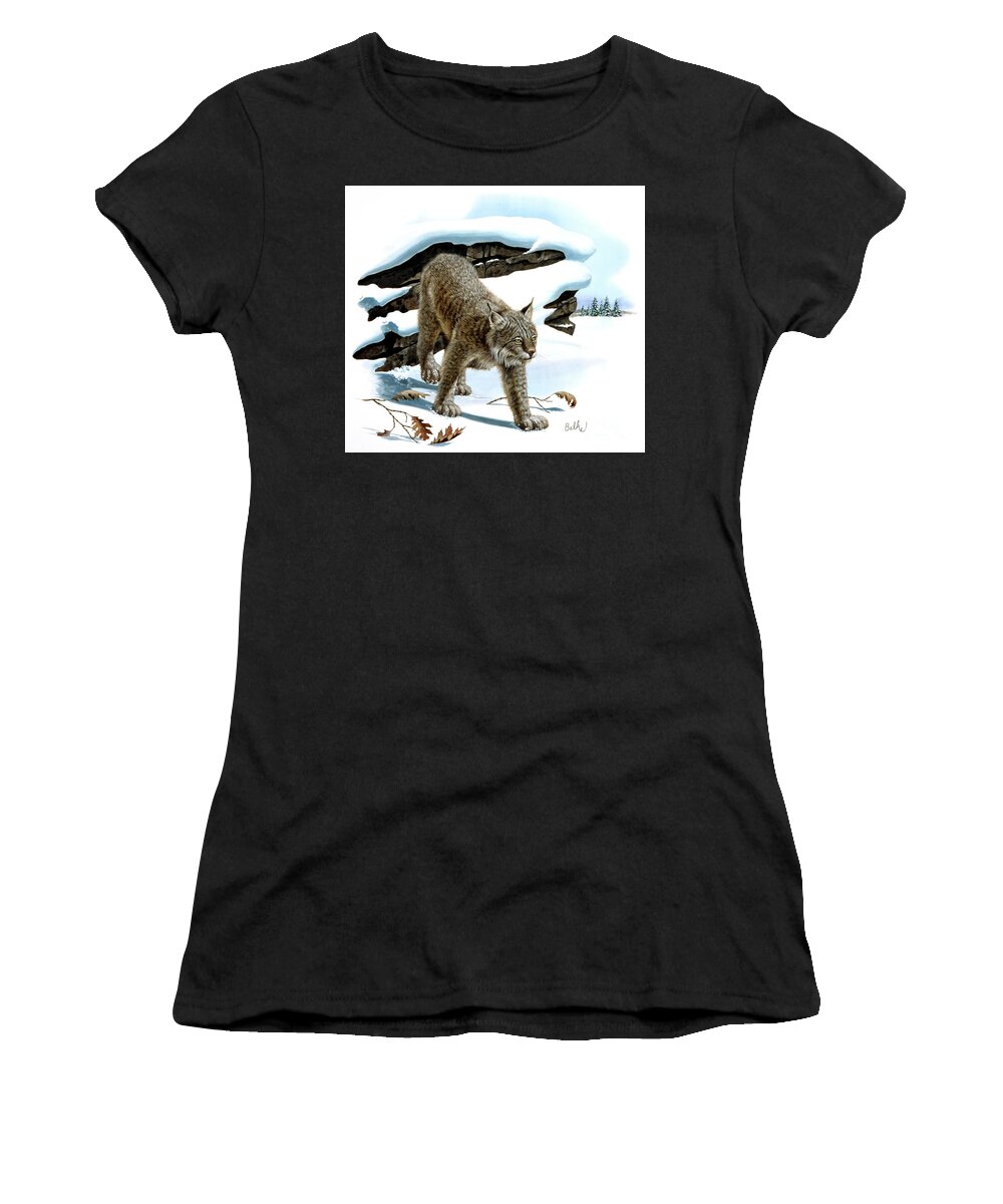 Wildlife Women's T-Shirt featuring the painting Canada Lynx and Red Oak by Don Balke