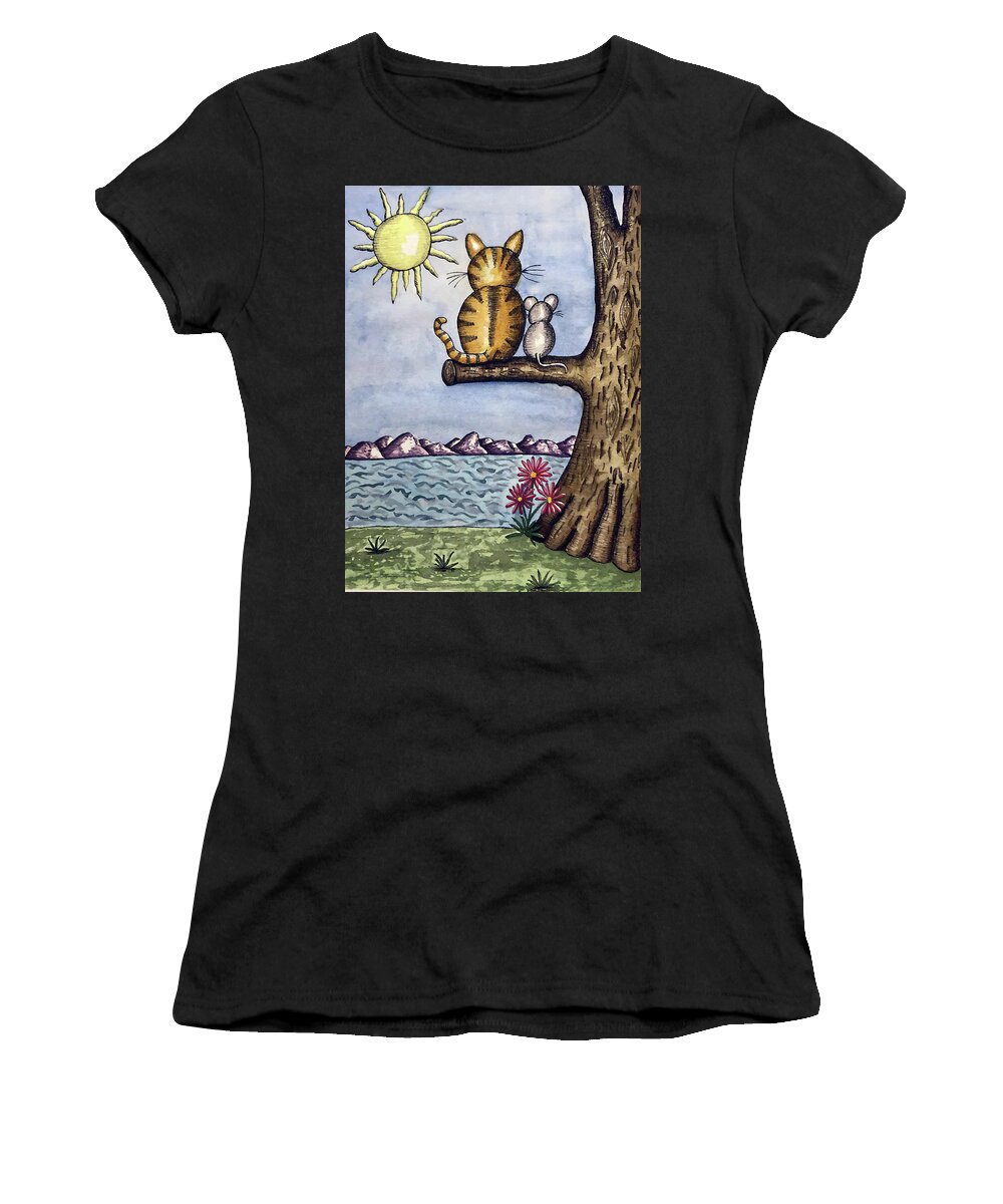 Childrens Art Women's T-Shirt featuring the painting Cat Mouse Sun by Christina Wedberg