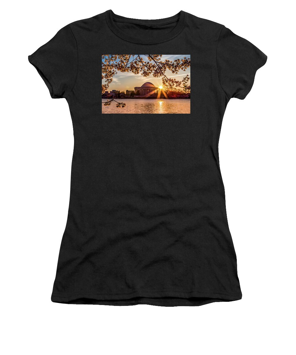 Cherry Blossoms Women's T-Shirt featuring the photograph Cherry blossoms and Jefferson Memorial by Robert Miller