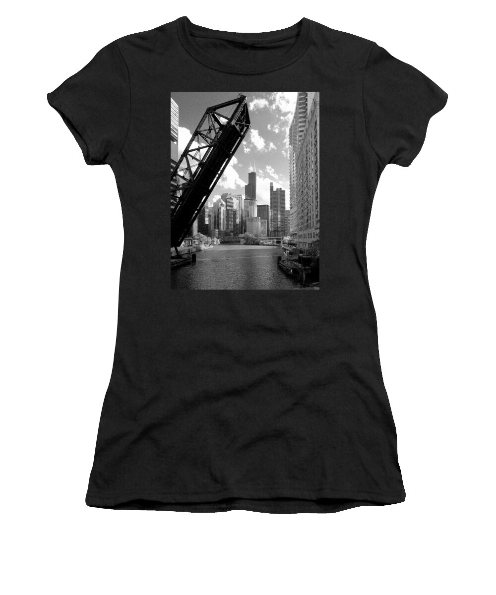 Architecture Women's T-Shirt featuring the photograph Chicago Skyline Raised River Bridge by Patrick Malon