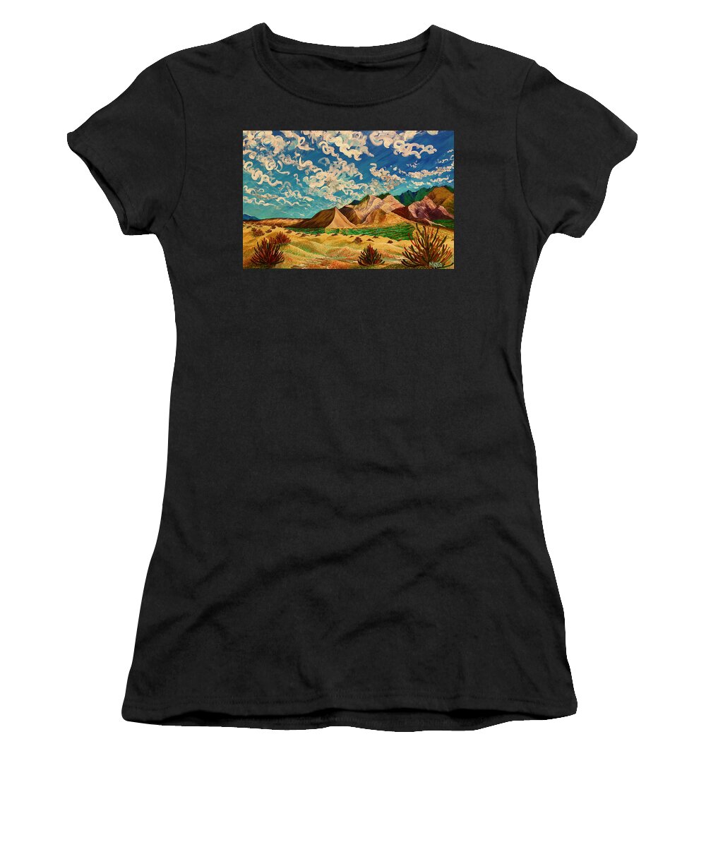 Skies Women's T-Shirt featuring the painting Cielo alegre. Happy sky. Death Valley, California. by ArtStudio Mateo