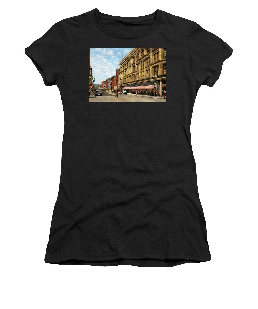 Dubuque Women's T-Shirt featuring the photograph City - Dubuque IA - Main street 1940 by Mike Savad